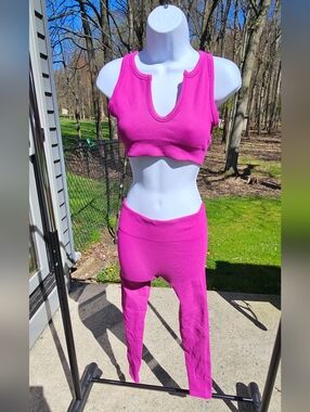 Bright Fuchsia Ribbed Two-Piece Set - Crop Tank + High Waist Pants